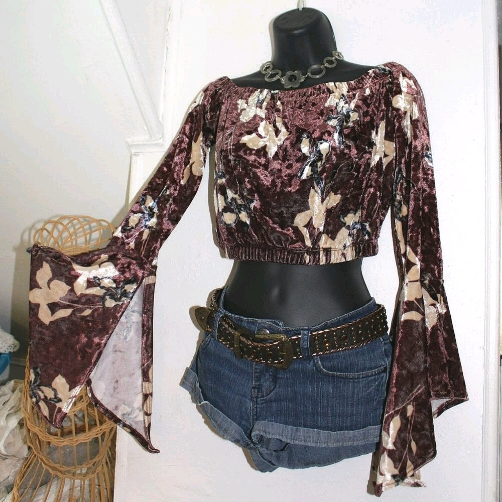 Brown & Beige Crushed Velour BELL Sleeves Crop Top